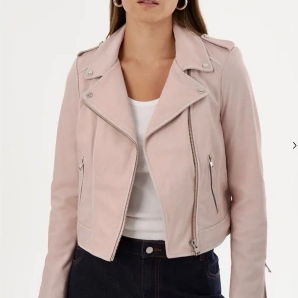 Lamarque Blush Leather Moto Jacket with Gold Hardware